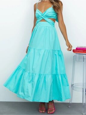 All About May Tiered Maxi Dress Twist Bodice Open Bow Tie Back